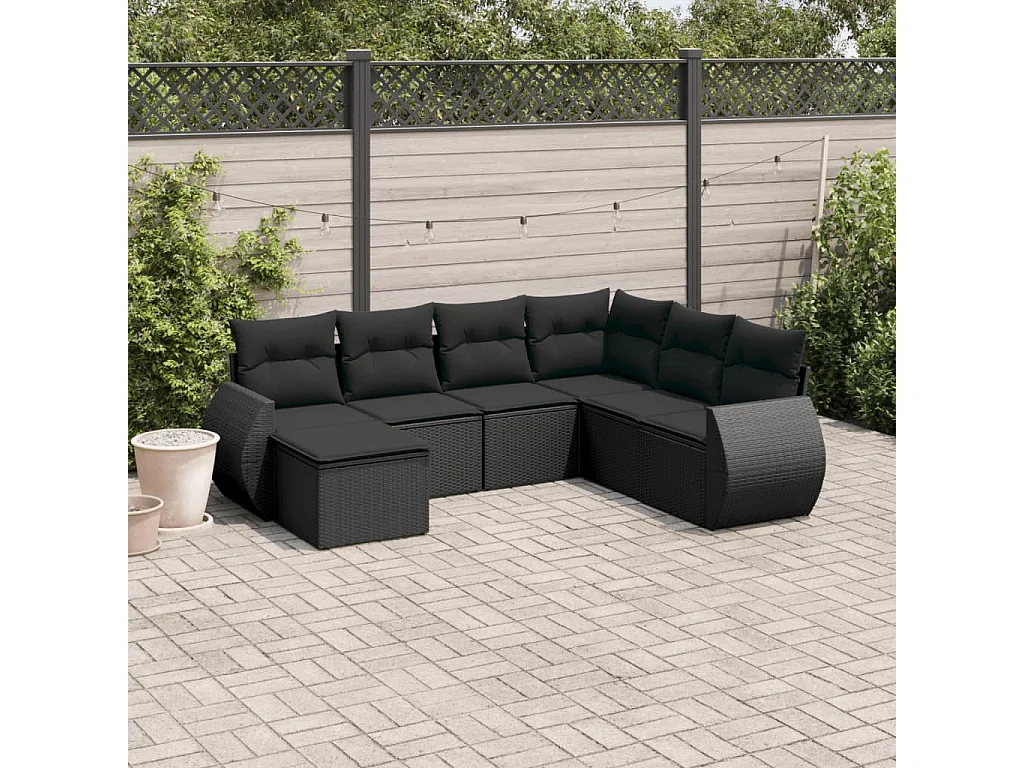 Salon de jardin 7 pcs avec coussins noir résine tressée