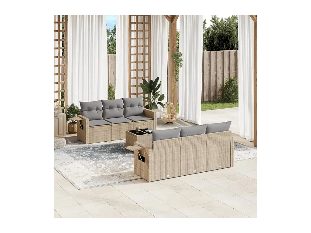 Set Divani da Giardino 7 pz con Cuscini Beige in Polyrattan