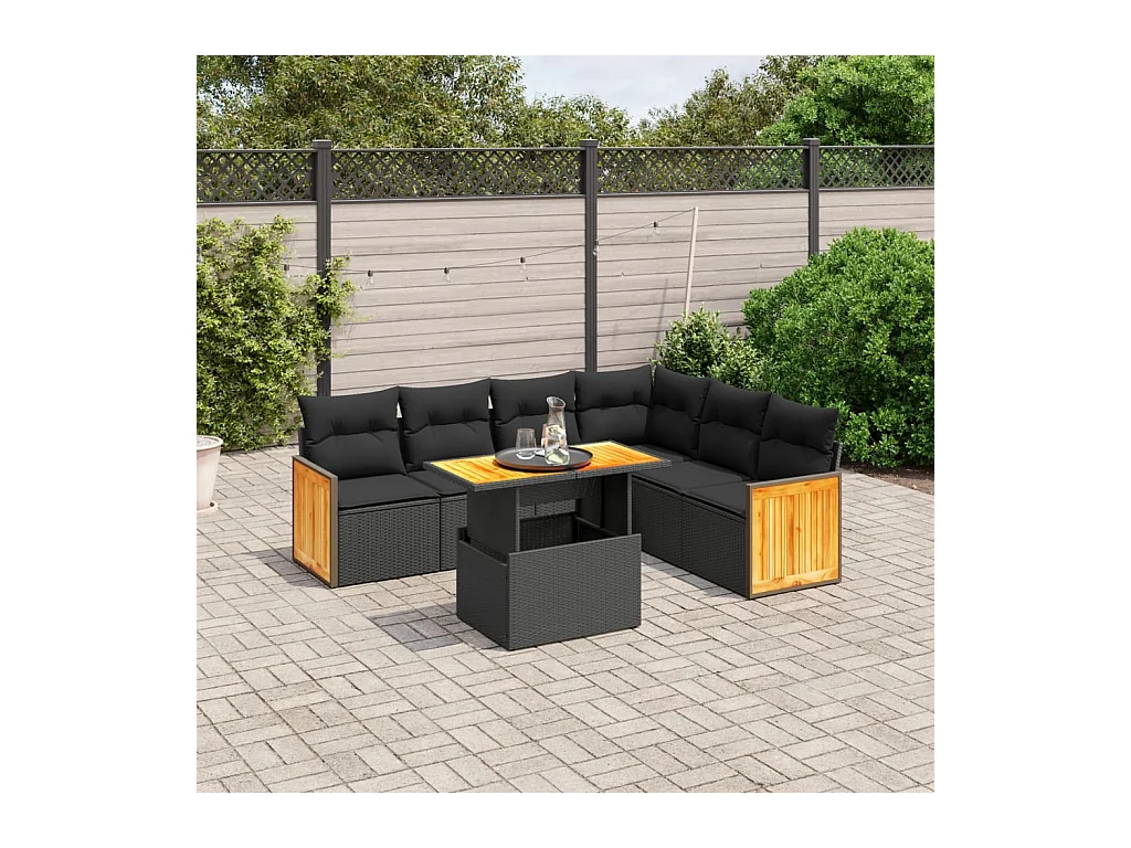 7-delige Loungeset met kussens poly rattan zwart