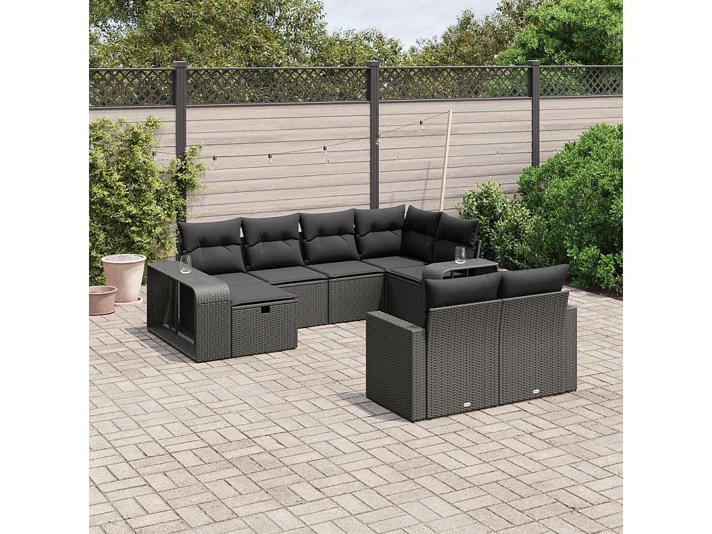 Set Divani da Giardino 10pz con Cuscini in Polyrattan Nero