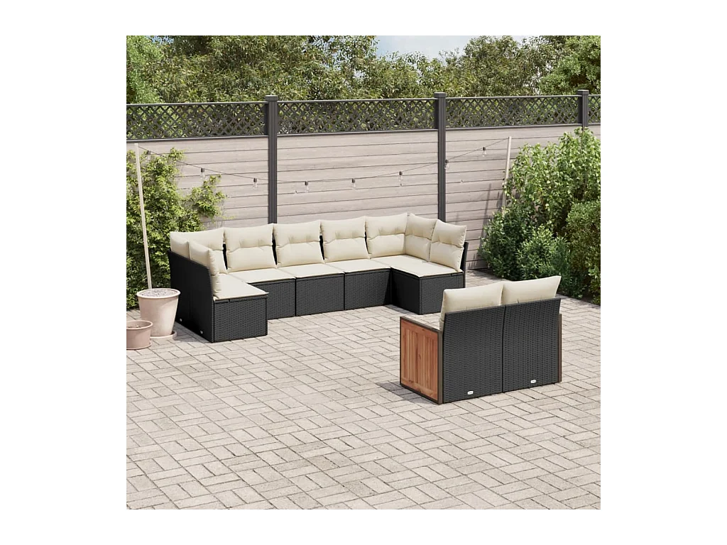 9-delige Loungeset met kussens poly rattan zwart