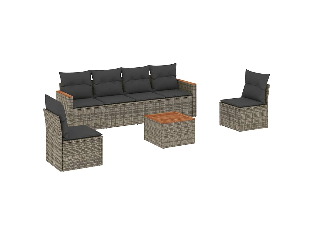 Salon de jardin avec coussins 7 pcs gris résine tressée