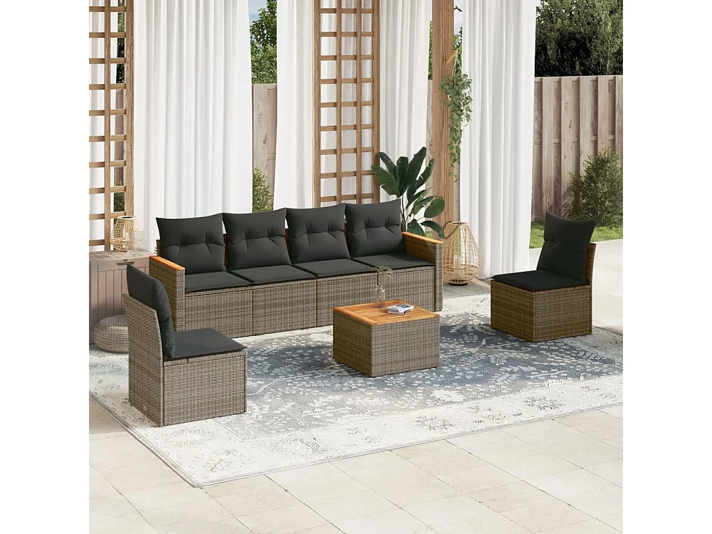 Salon de jardin avec coussins 7 pcs gris résine tressée