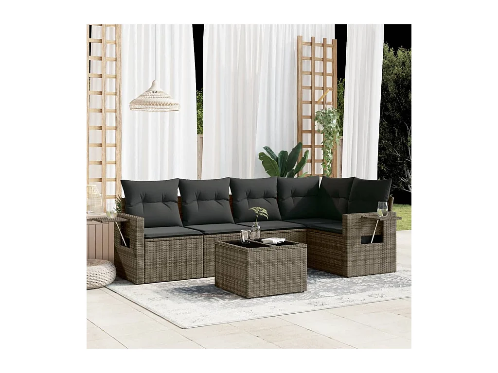 Salon de jardin 6 pcs avec coussins gris résine tressée