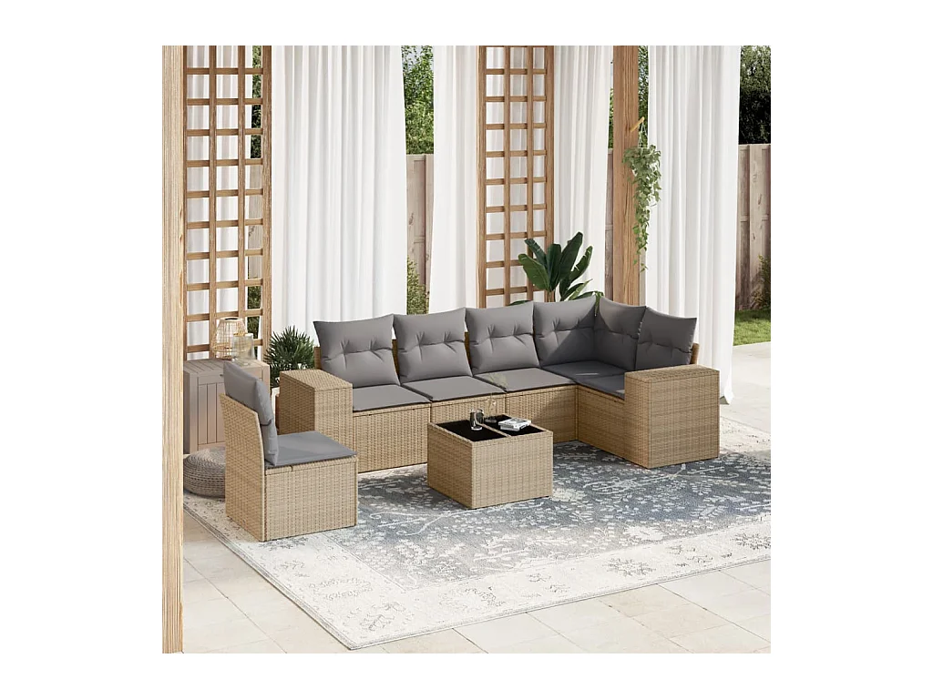 Set sofás de jardín 7 piezas y cojines ratán sintético beige