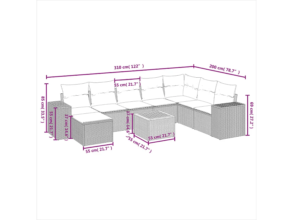 9-tlg. Garten-Sofagarnitur mit Kissen Schwarz Poly Rattan