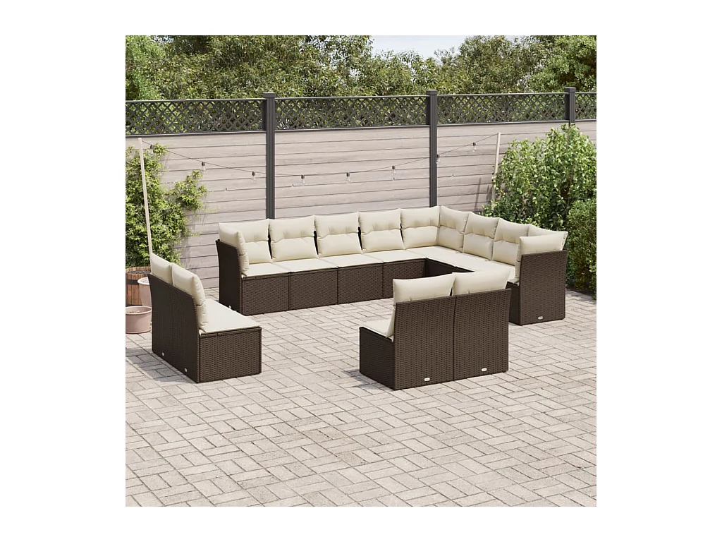 12-delige Loungeset met kussens poly rattan bruin