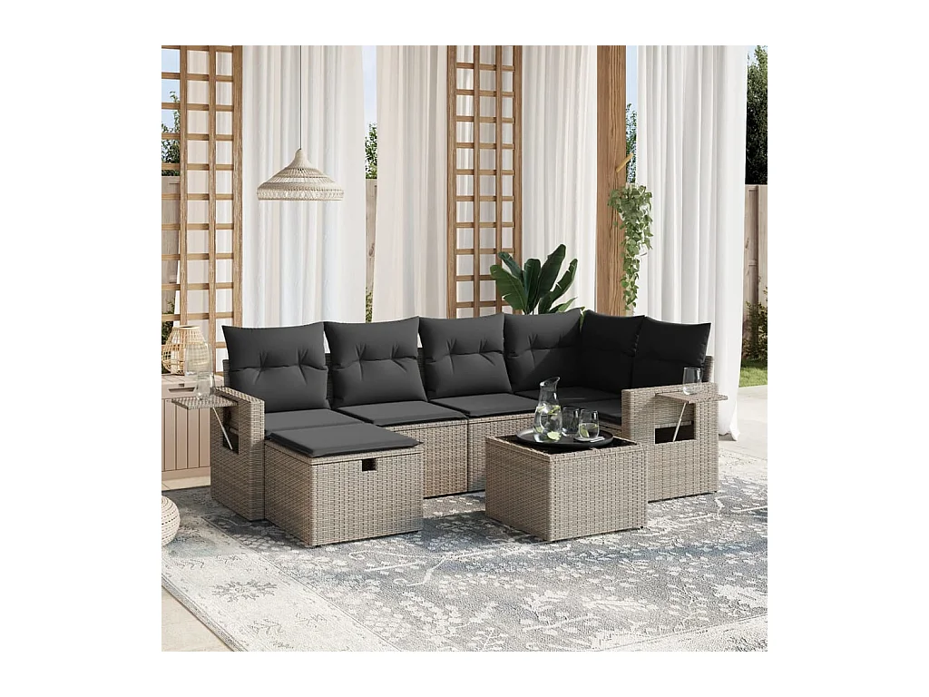 Salon de jardin avec coussins 7 pcs gris résine tressée