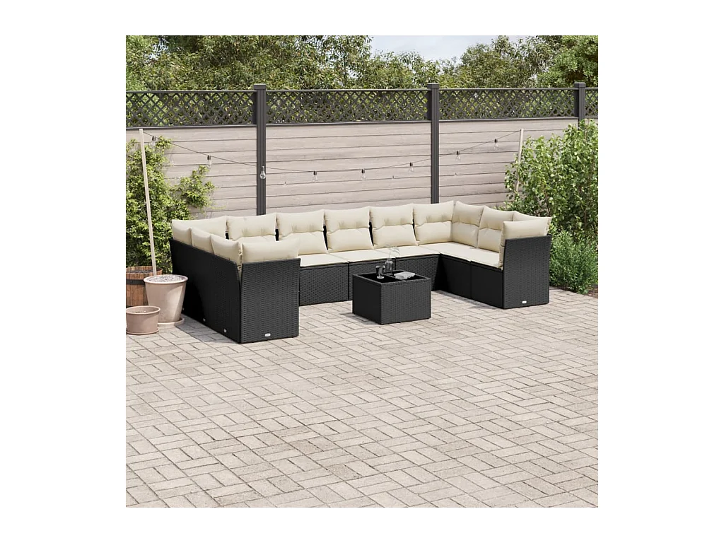 11-delige Loungeset met kussens poly rattan zwart