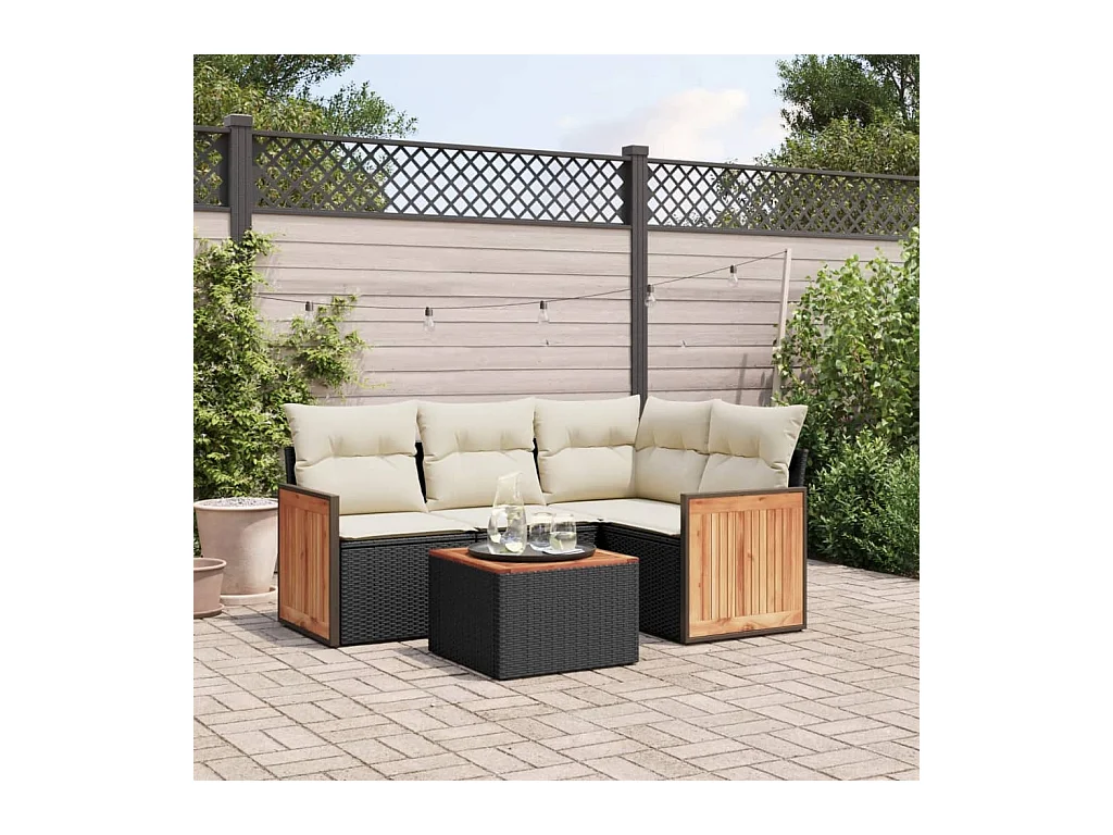 Salon de jardin 5 pcs avec coussins noir résine tressée