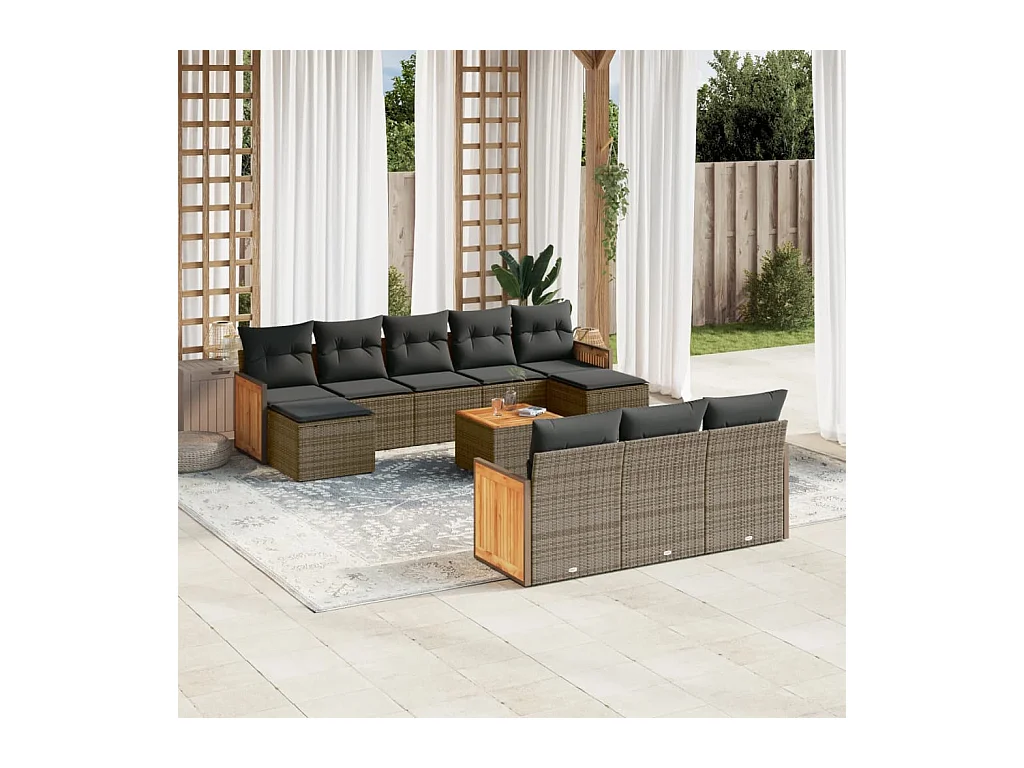 Salon de jardin 11 pcs avec coussins gris résine tressée