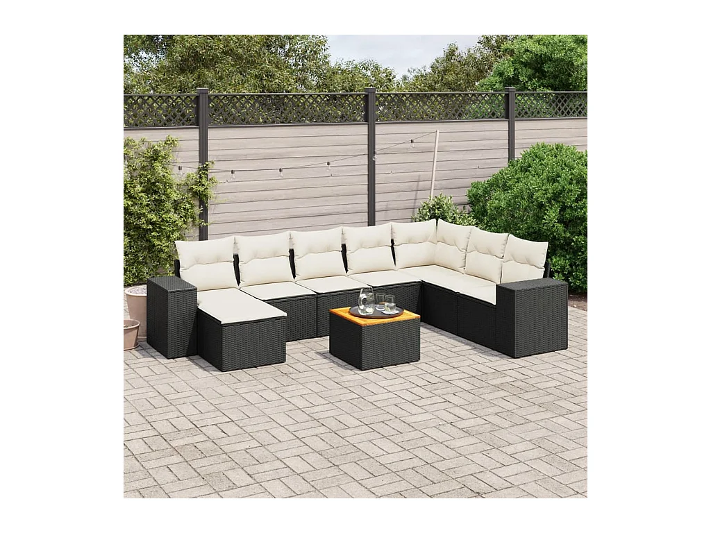 9-delige Loungeset met kussens poly rattan zwart