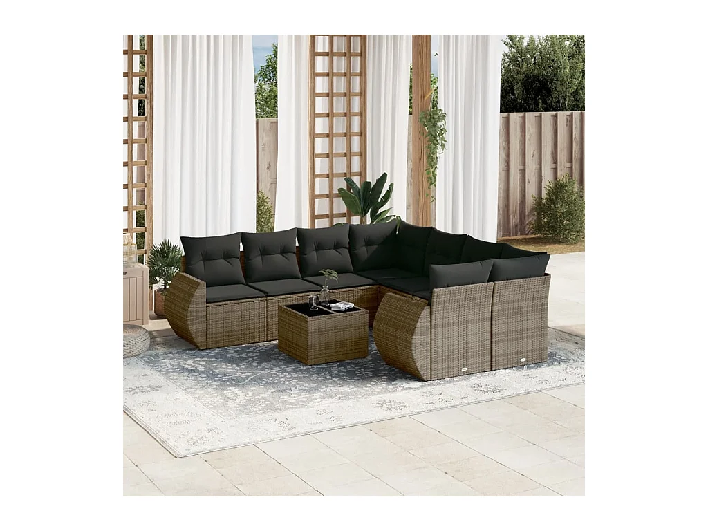 Salon de jardin 9 pcs avec coussins gris résine tressée