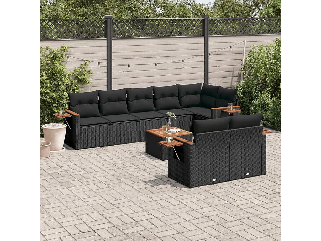 Salon de jardin 9 pcs avec coussins noir résine tressée