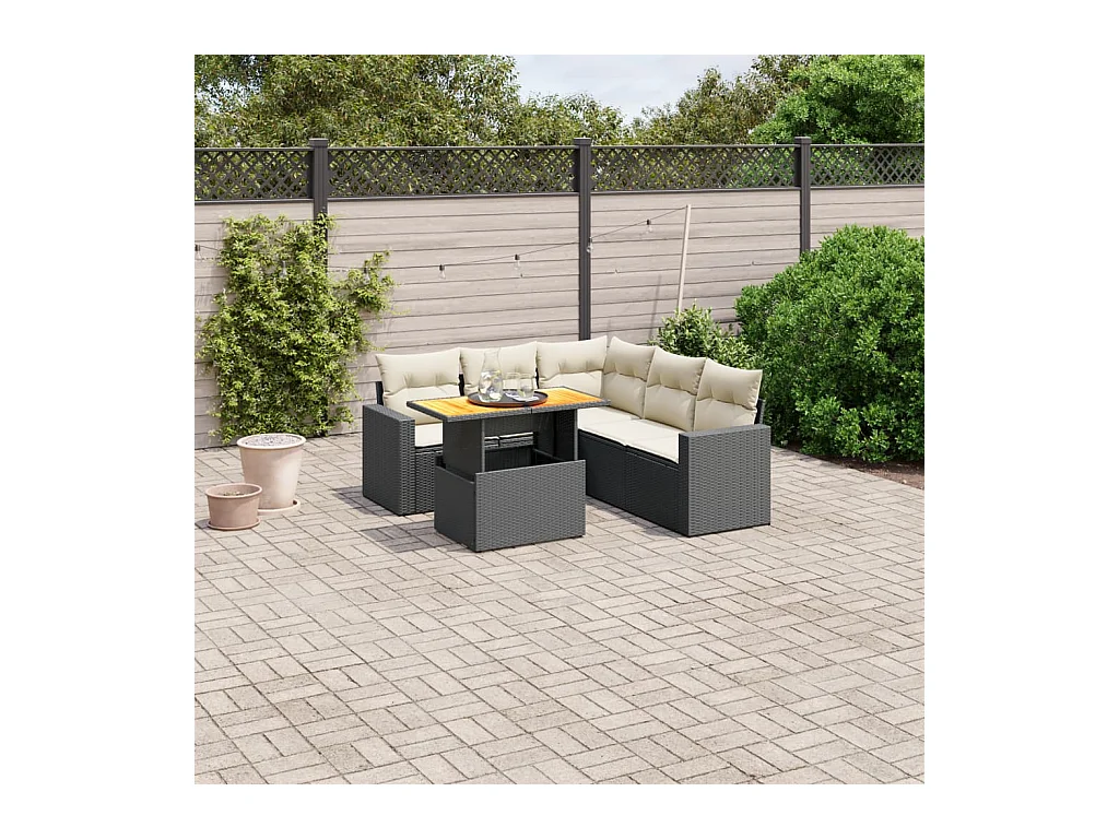Salon de jardin 6 pcs avec coussins noir résine tressée