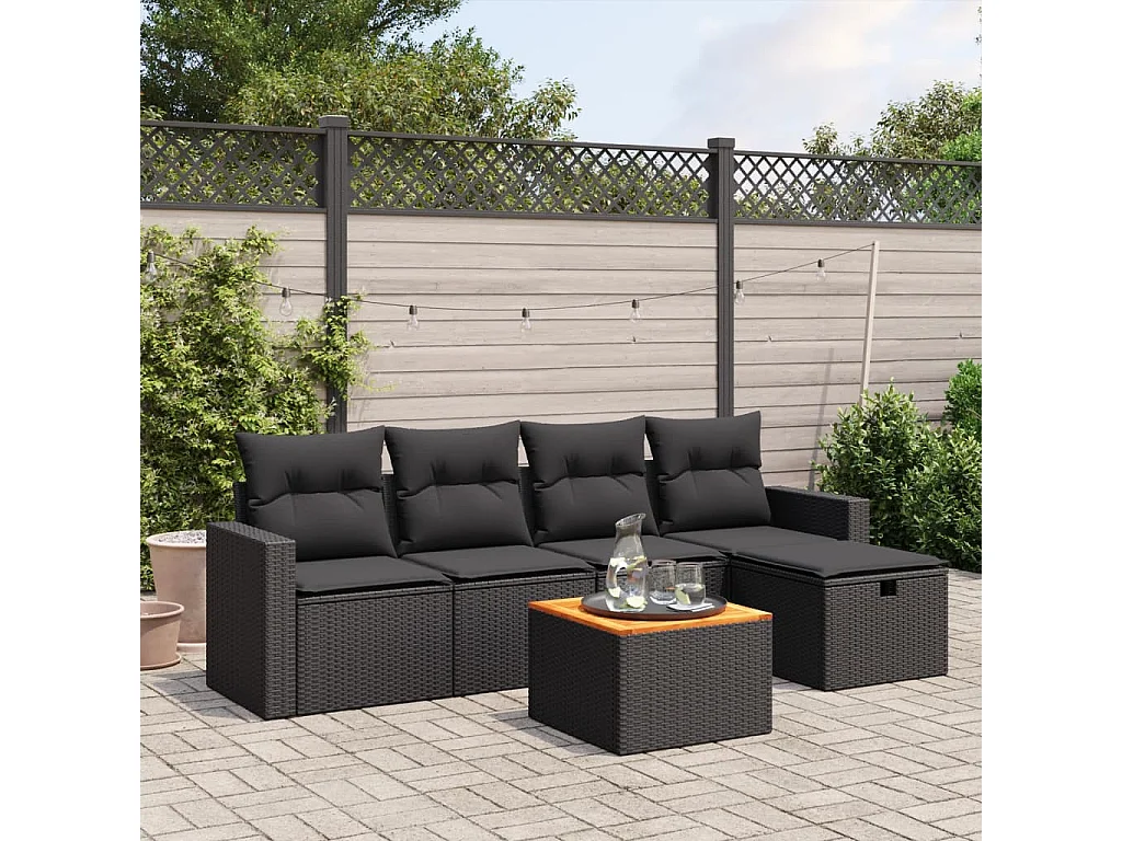 6-tlg. Garten-Sofagarnitur mit Kissen Schwarz Poly Rattan