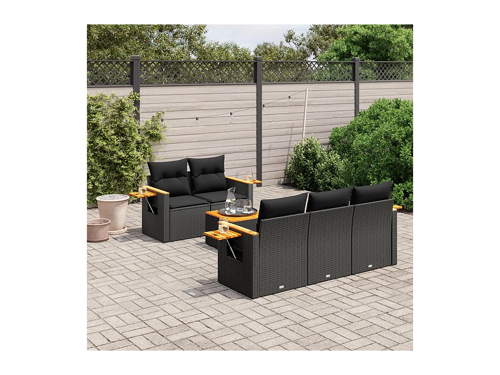 Salon de jardin 6 pcs avec coussins noir résine tressée