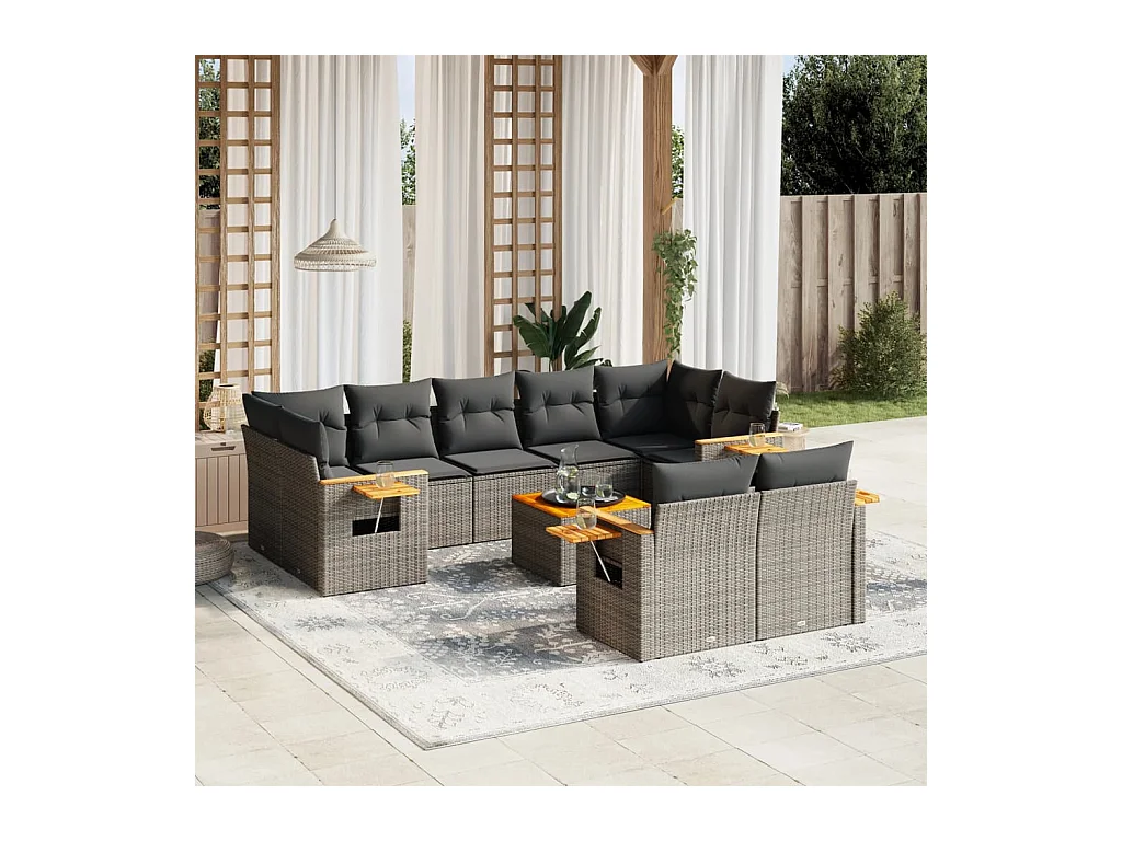 Salon de jardin avec coussins 10 pcs gris résine tressée