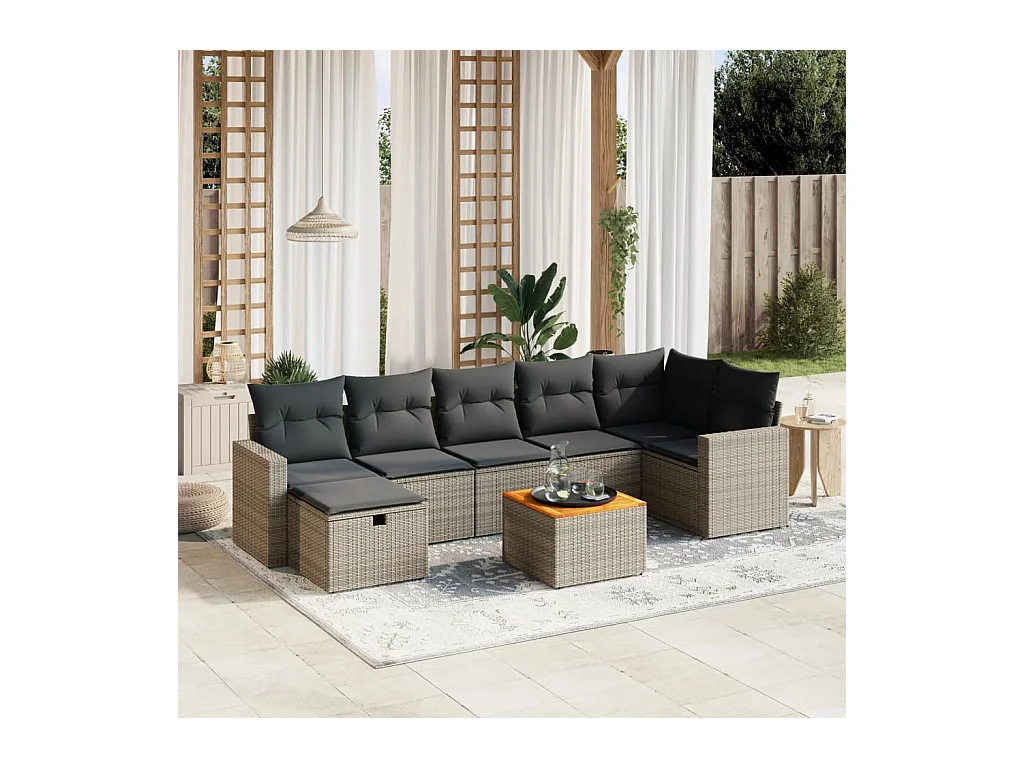 Salon de jardin 8 pcs avec coussins gris résine tressée