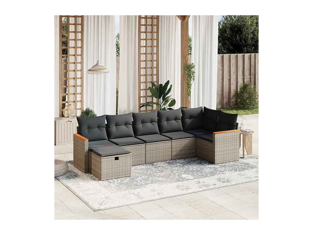Salon de jardin avec coussins 7 pcs gris résine tressée