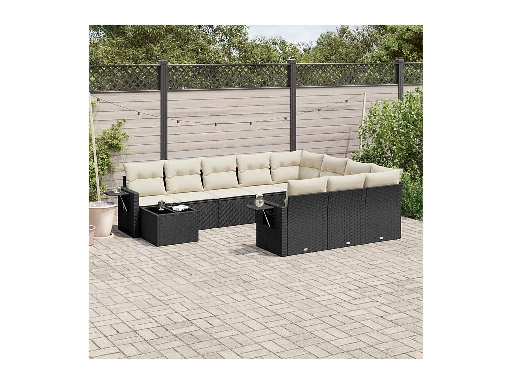 Salon de jardin 11 pcs avec coussins noir résine tressée