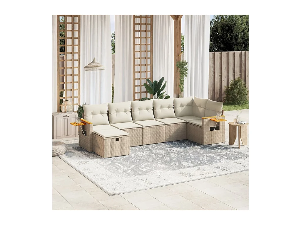 Set Divani da Giardino 7 pz con Cuscini Beige in Polyrattan