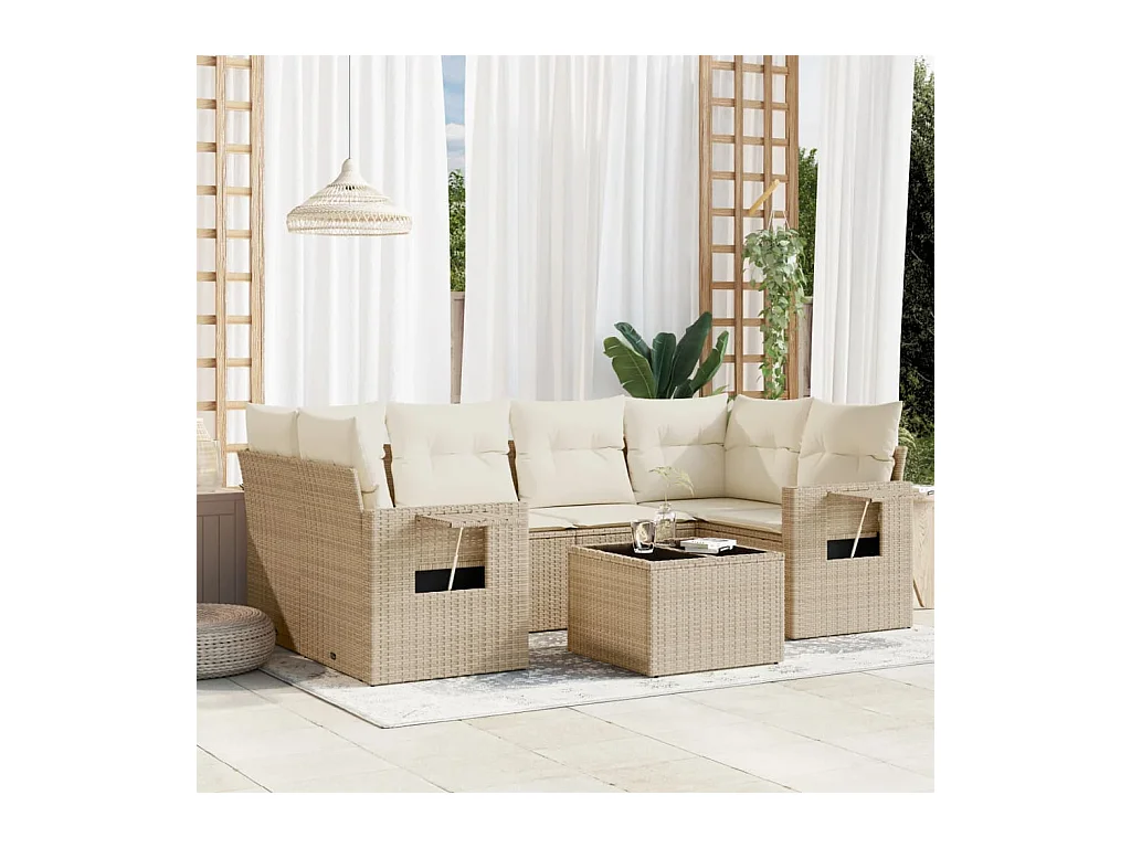 Set Divani da Giardino 7 pz con Cuscini Beige in Polyrattan