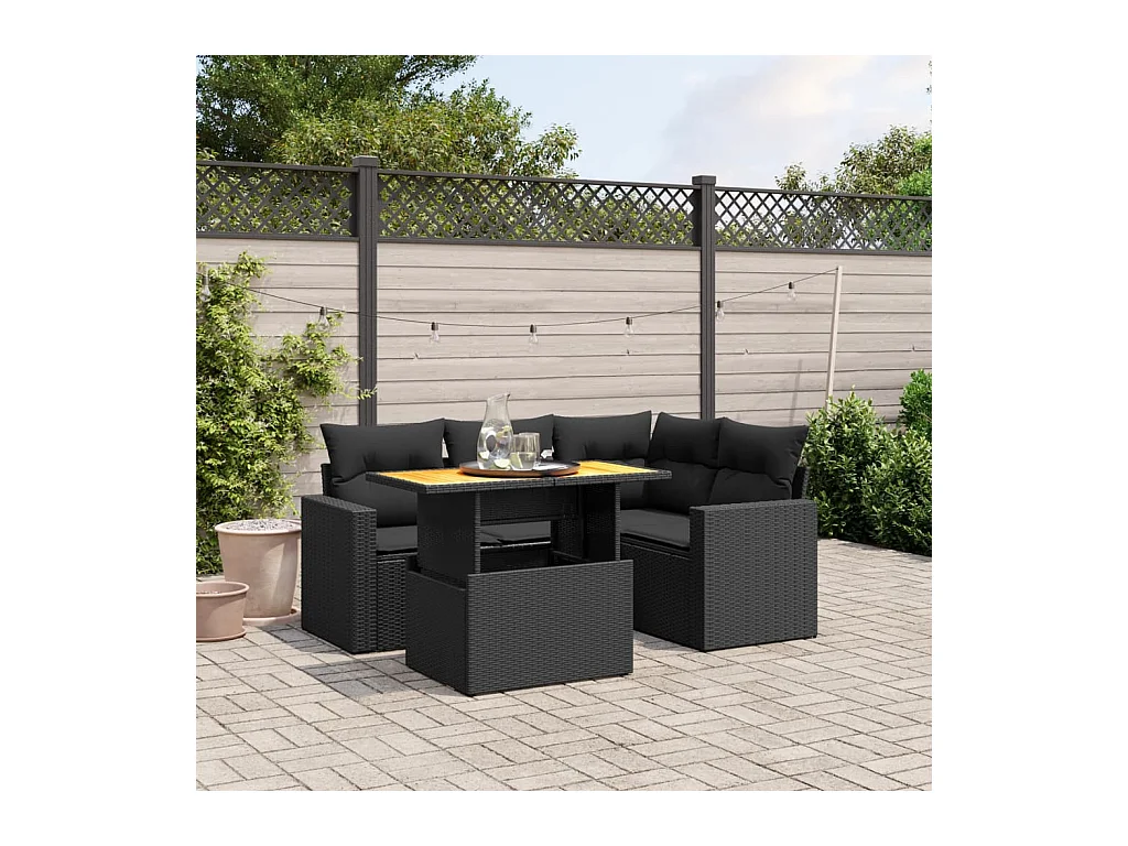 Salon de jardin 5 pcs avec coussins noir résine tressée