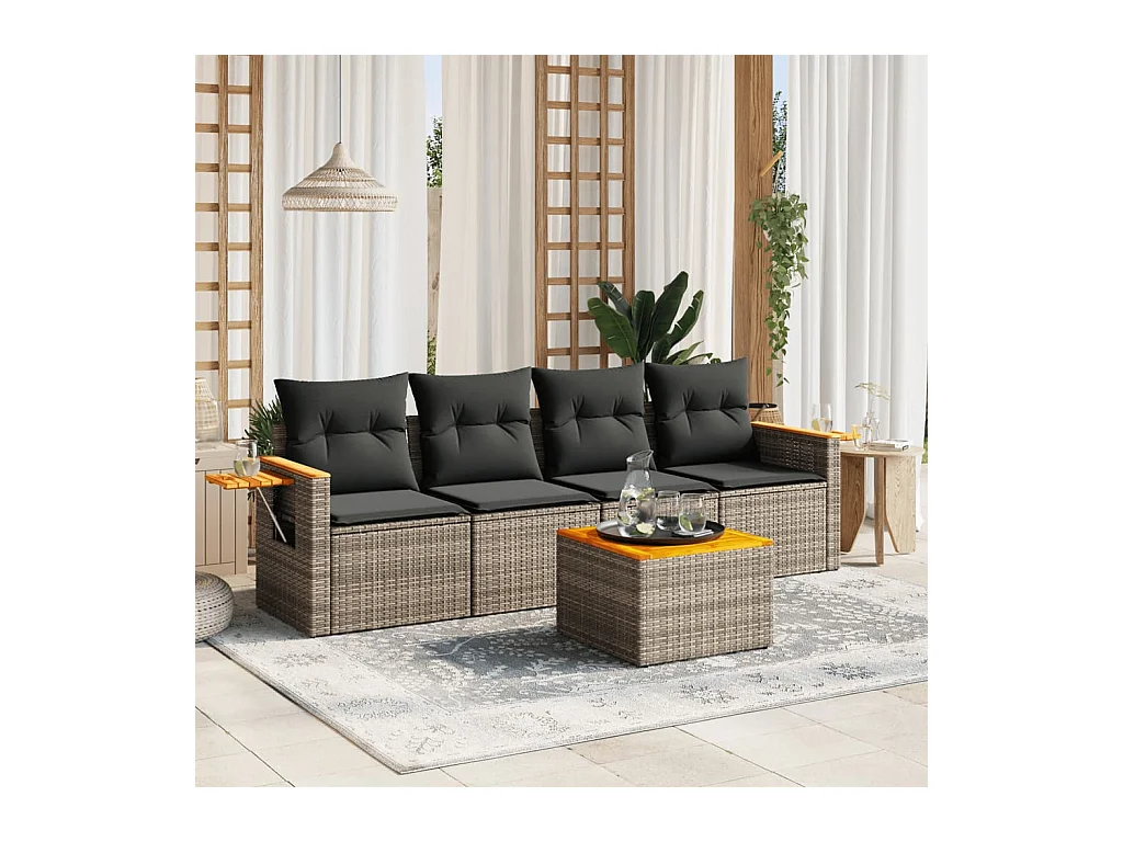 Salon de jardin 5 pcs avec coussins gris résine tressée