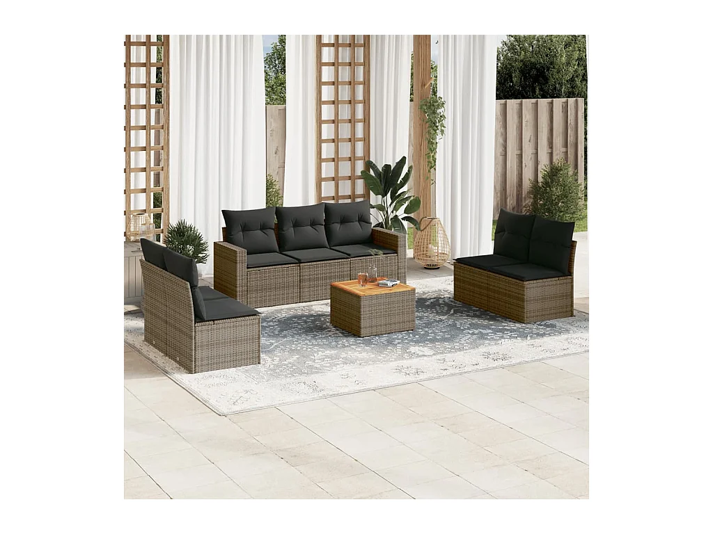 Salon de jardin 8 pcs avec coussins gris résine tressée