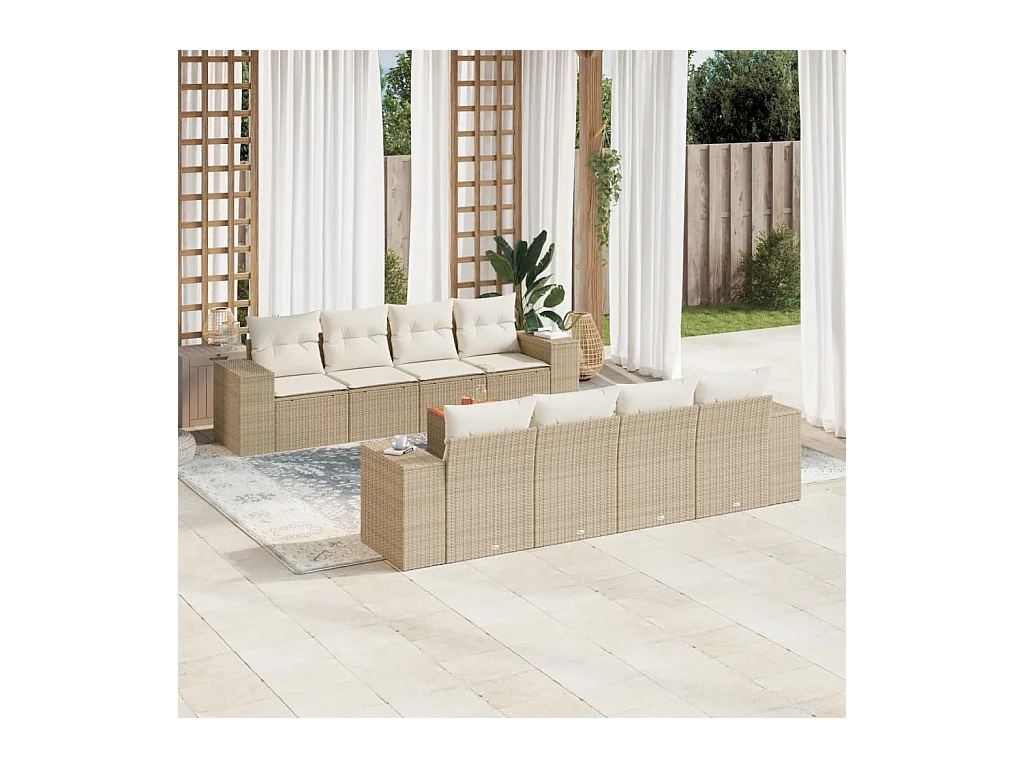 9-delige Loungeset met kussens poly rattan beige