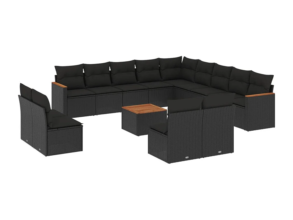 Salon de jardin avec coussins 14 pcs noir résine tressée