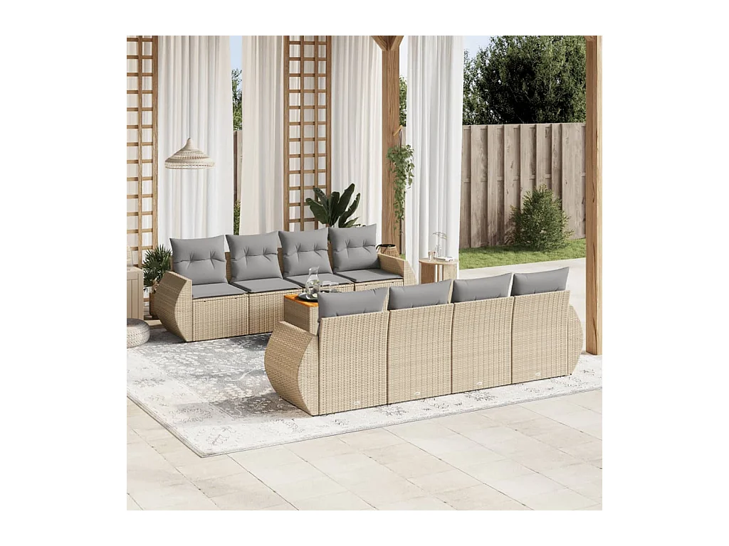 Salon de jardin avec coussins 9 pcs beige résine tressée
