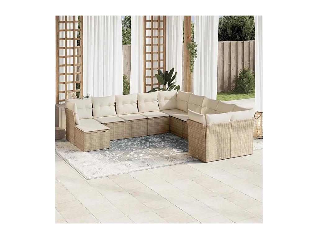 Set Divani da Giardino 11 pz con Cuscini Beige in Polyrattan