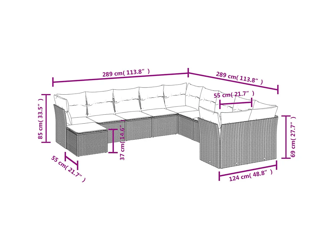 Set Divani da Giardino 11 pz con Cuscini Beige in Polyrattan