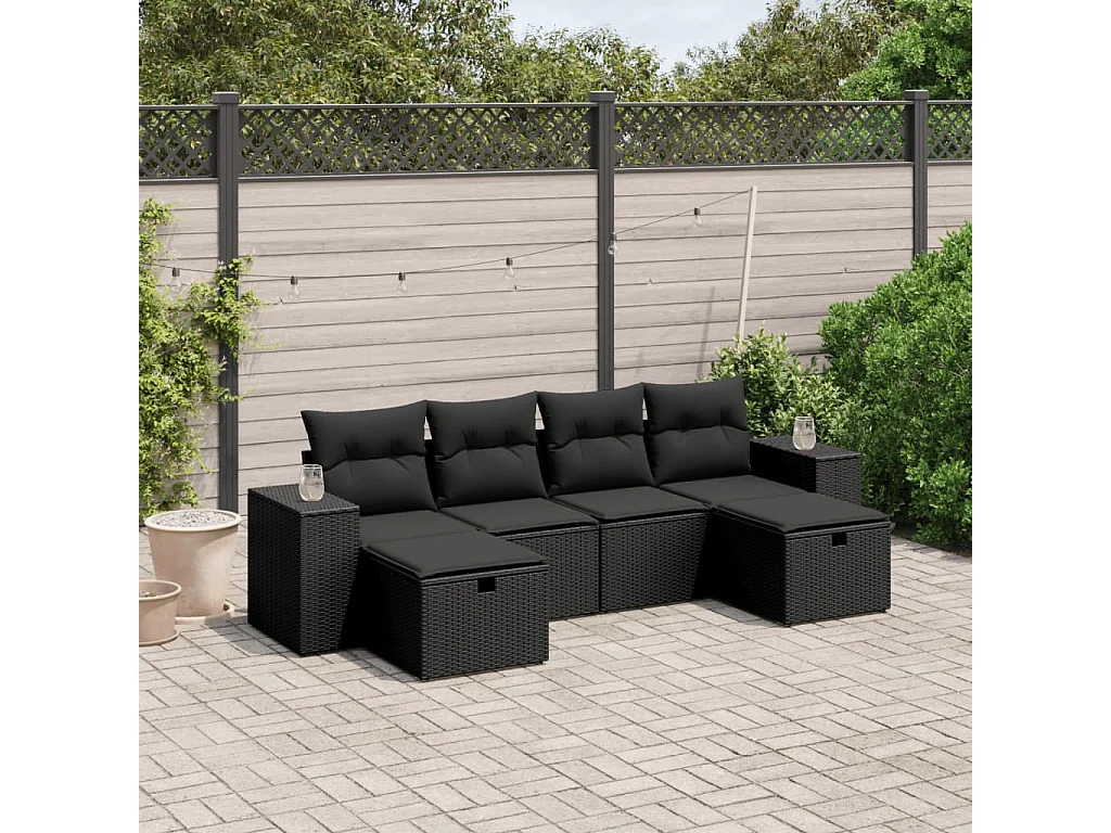 Salon de jardin 6 pcs avec coussins noir résine tressée