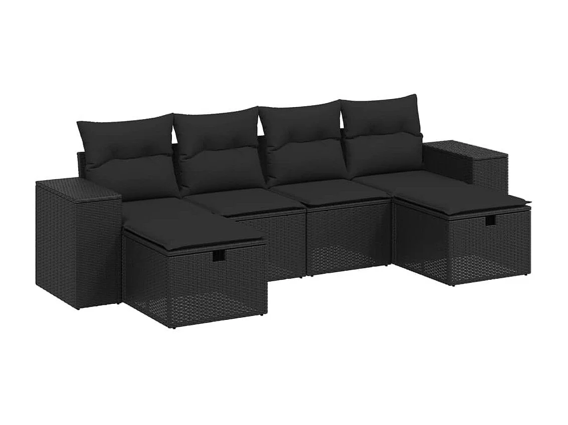 Salon de jardin 6 pcs avec coussins noir résine tressée