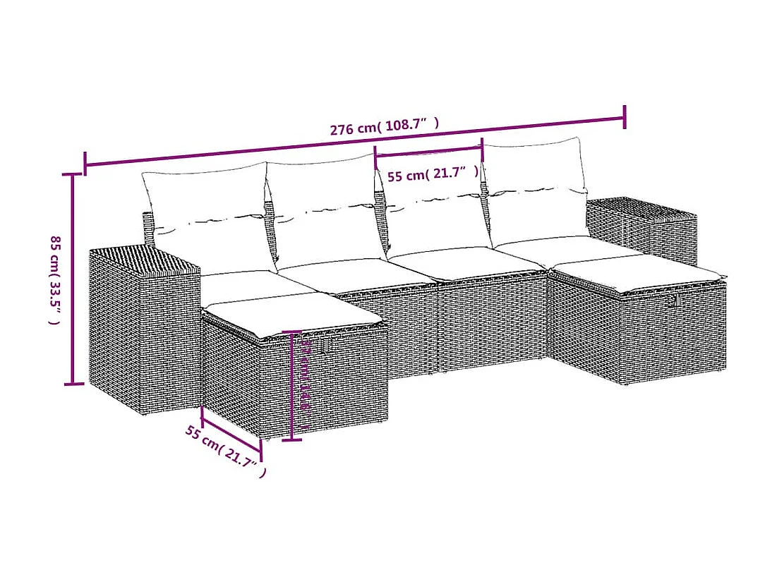 Salon de jardin 6 pcs avec coussins noir résine tressée