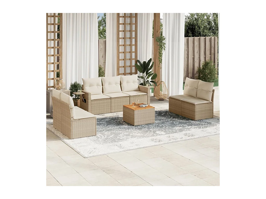 Salon de jardin avec coussins 8 pcs beige résine tressée