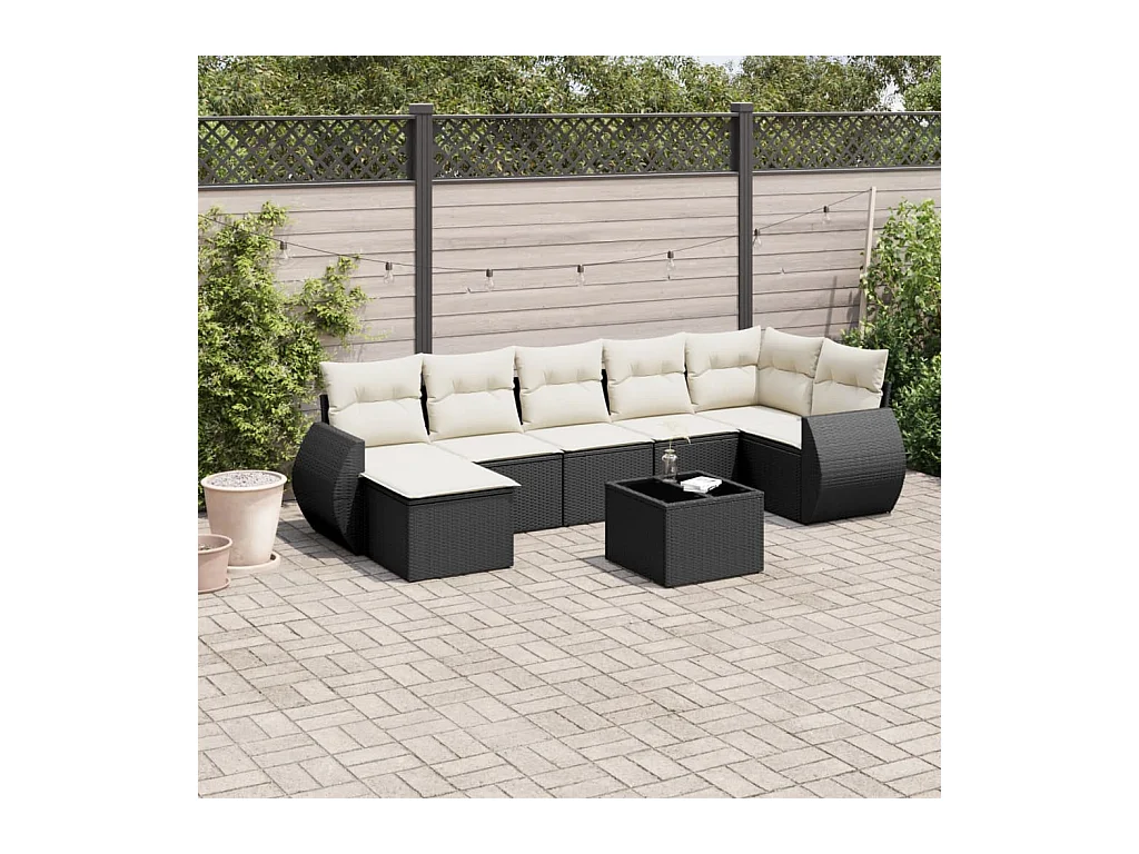 Salon de jardin 7 pcs avec coussins noir résine tressée