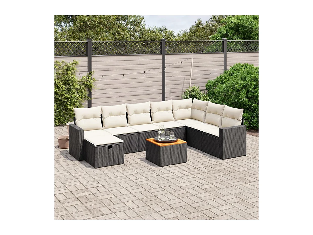 9-tlg. Garten-Sofagarnitur mit Kissen Schwarz Poly Rattan