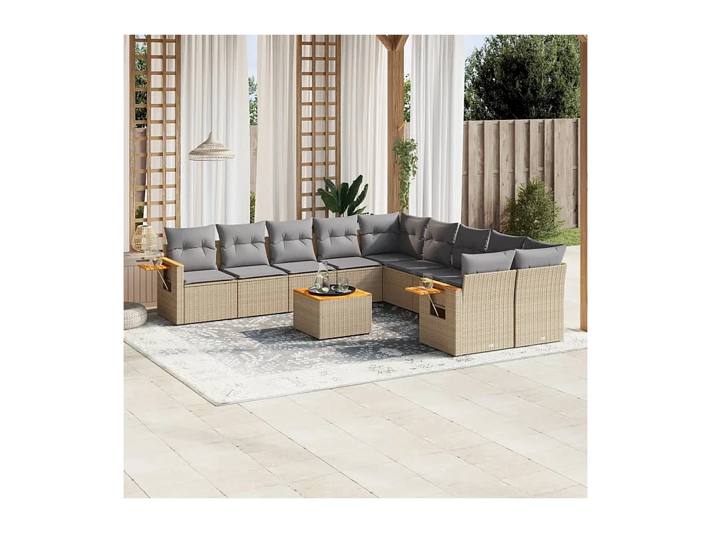 11-delige Tuinset met kussens poly rattan beige