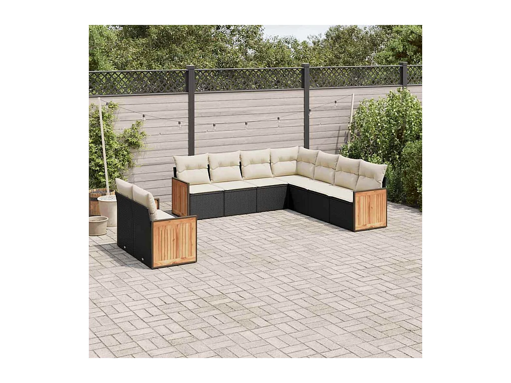 Salon de jardin 9 pcs avec coussins noir résine tressée