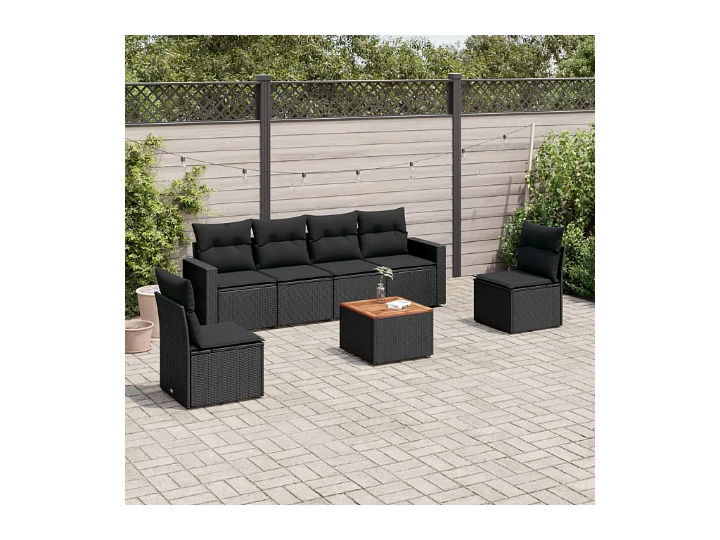 Salon de jardin 7 pcs avec coussins noir résine tressée