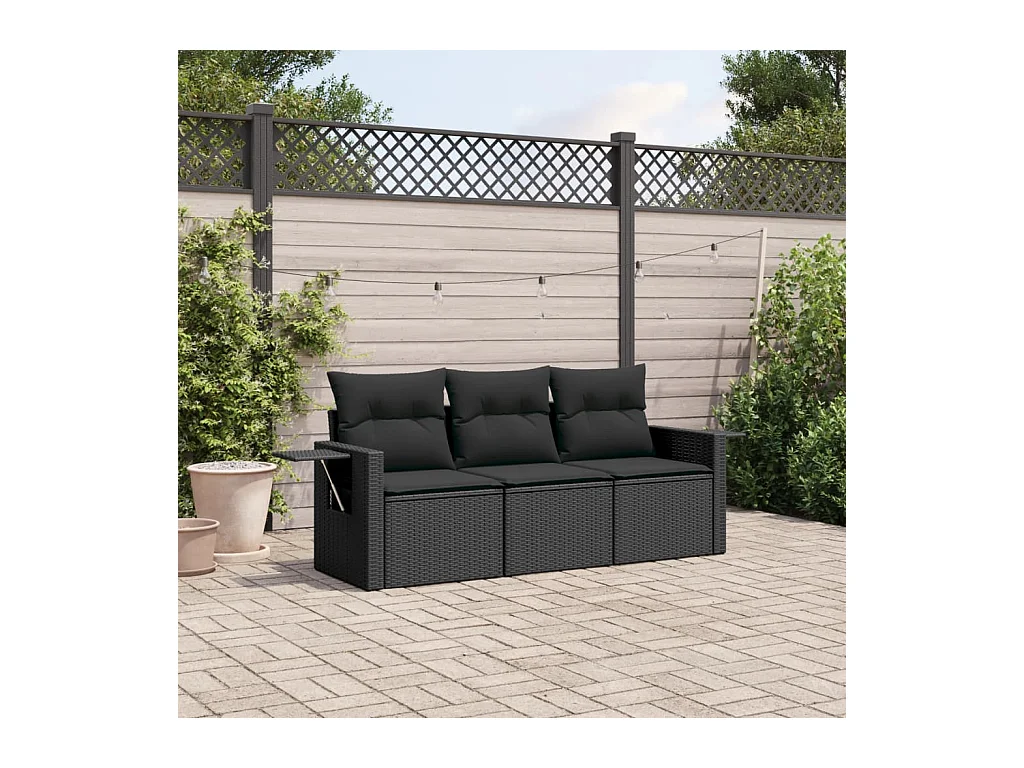 Set Divani da Giardino 3 pz con Cuscini in Polyrattan Nero