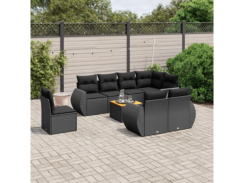 9-tlg. Garten-Sofagarnitur mit Kissen Schwarz Poly Rattan