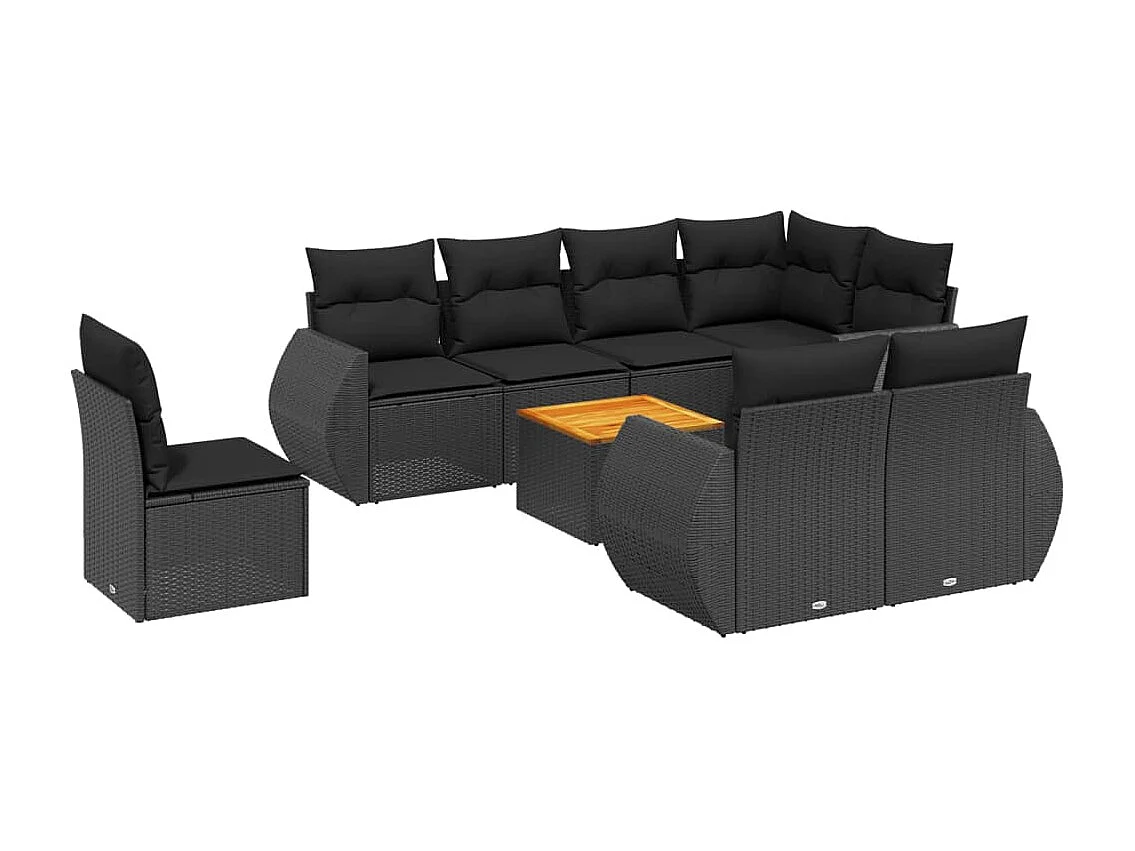 9-tlg. Garten-Sofagarnitur mit Kissen Schwarz Poly Rattan