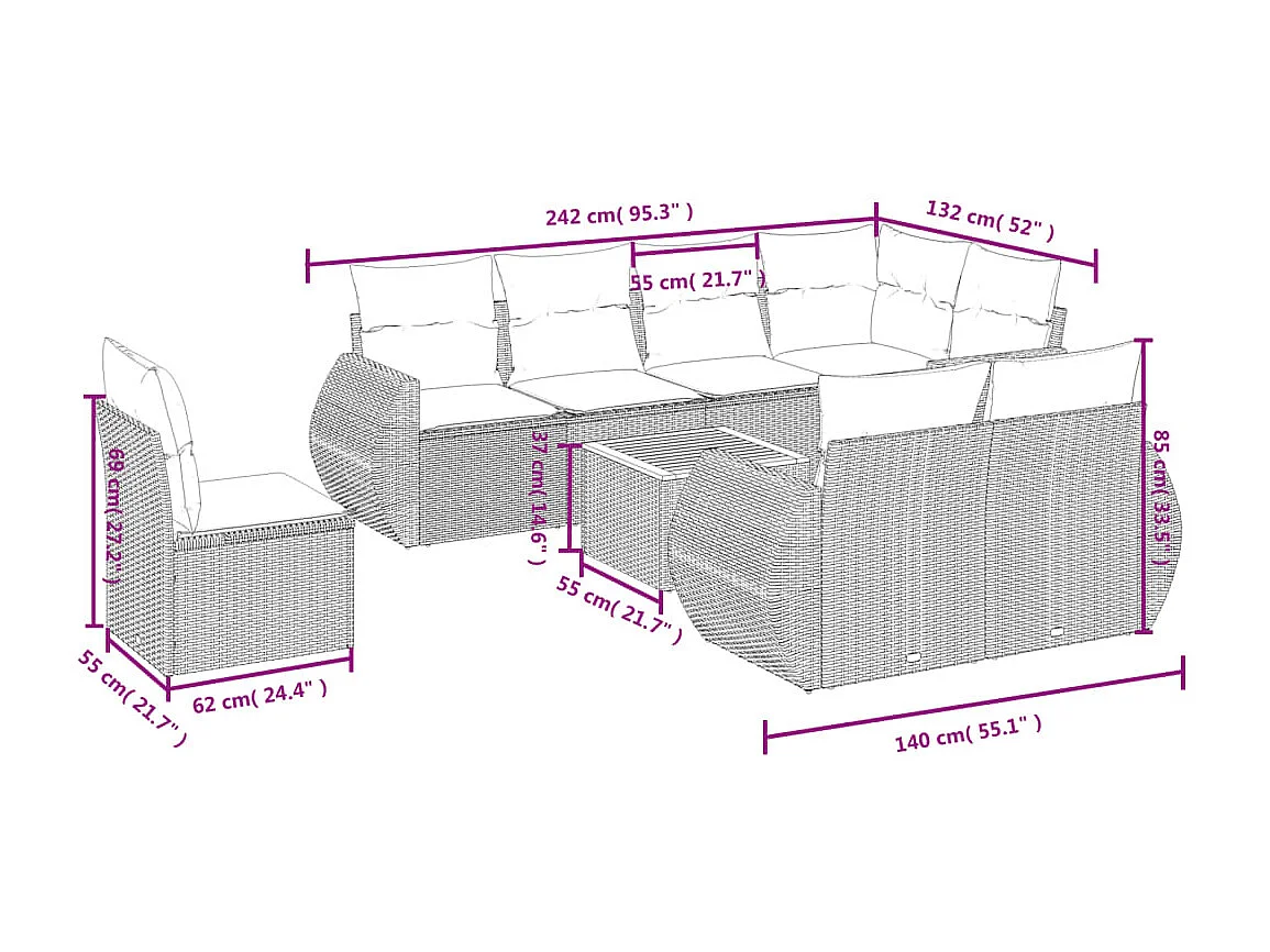 9-tlg. Garten-Sofagarnitur mit Kissen Schwarz Poly Rattan