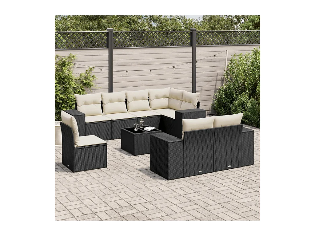 Salon de jardin 9 pcs avec coussins noir résine tressée