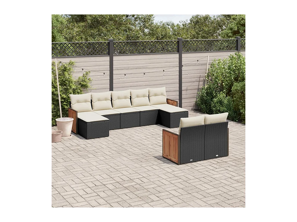 Salon de jardin 9 pcs avec coussins noir résine tressée
